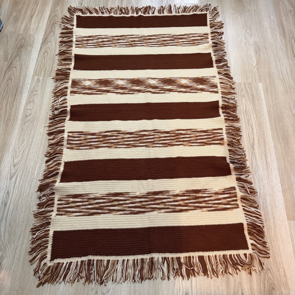 Handmade Crochet Throw Blanket/Rug‎ 72x46 Brown Cream Striped 1970s Style